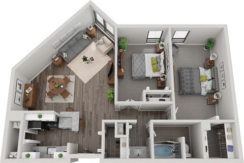 a 1 bedroom floor plan with a bathroom and a living room at Troy Place Apartments - Troy, MI, Troy, Michigan